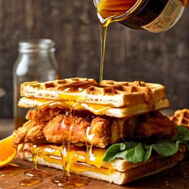 Chicken N Waffles with Syrup.