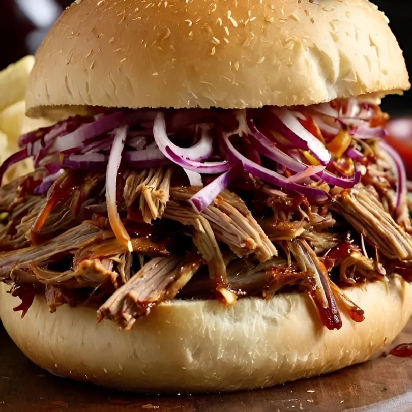 Close-up of a FATBOYSBBQ pulled pork sandwich with red onions and barbecue sauce on a sesame bun.