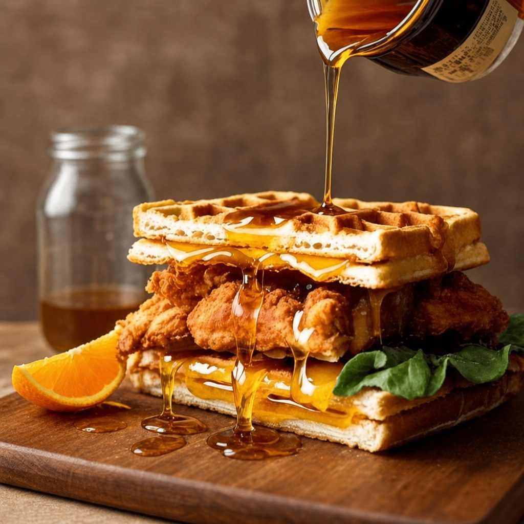 Chicken N Waffles with Syrup.